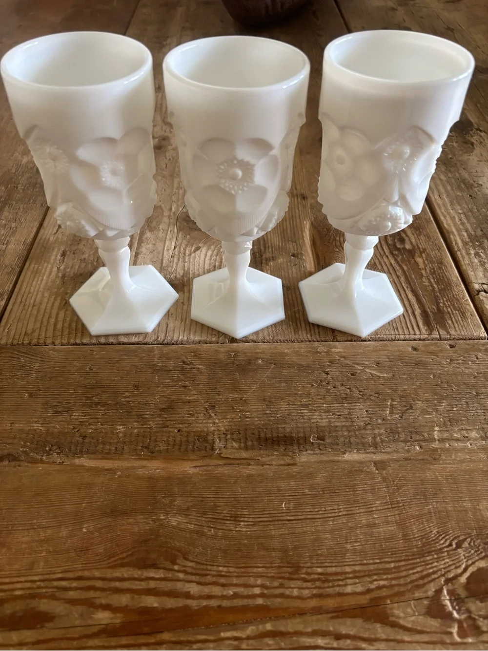 Rare Lot (3) MCM Westmoreland Milk Glass Goblets Hexagon Base